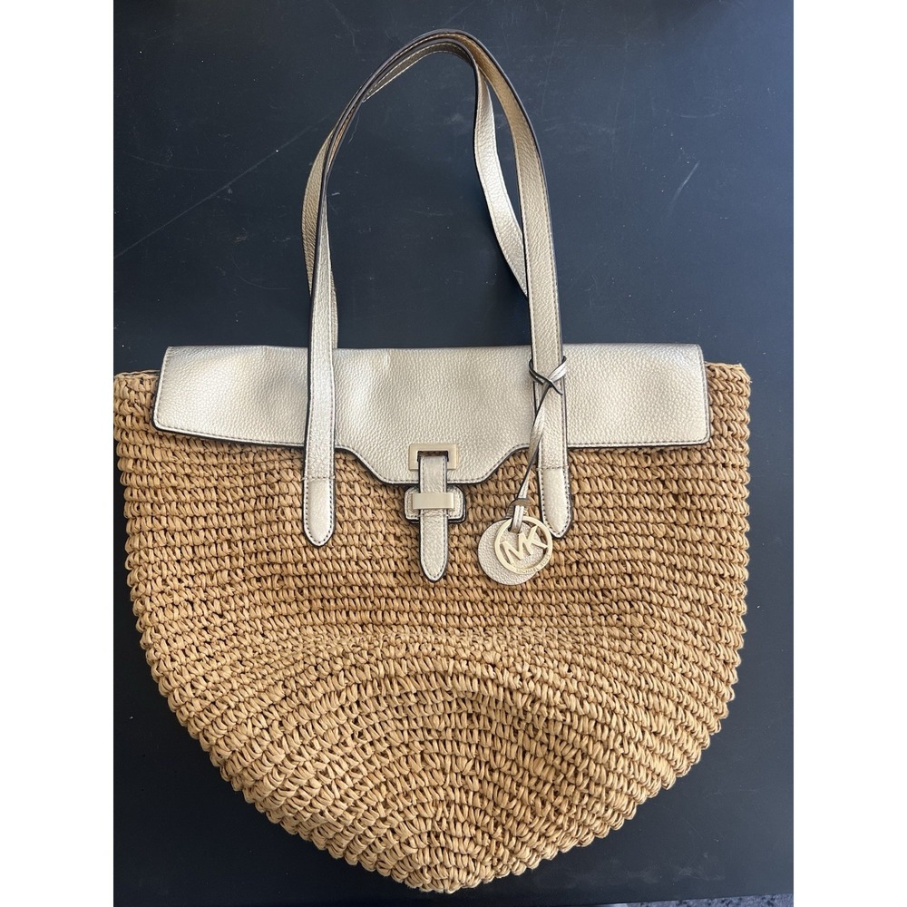 Michael Kors Naomi Large Woven Straw Tote Bag Purse, Gold Leather Trim, Gold